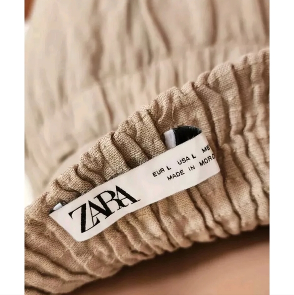 ZARA HALTER TOP SMOCKED BACK THICK STRAPS LINEN DARK BEIGE CROOPED TOP LARGE - Picture 16 of 16